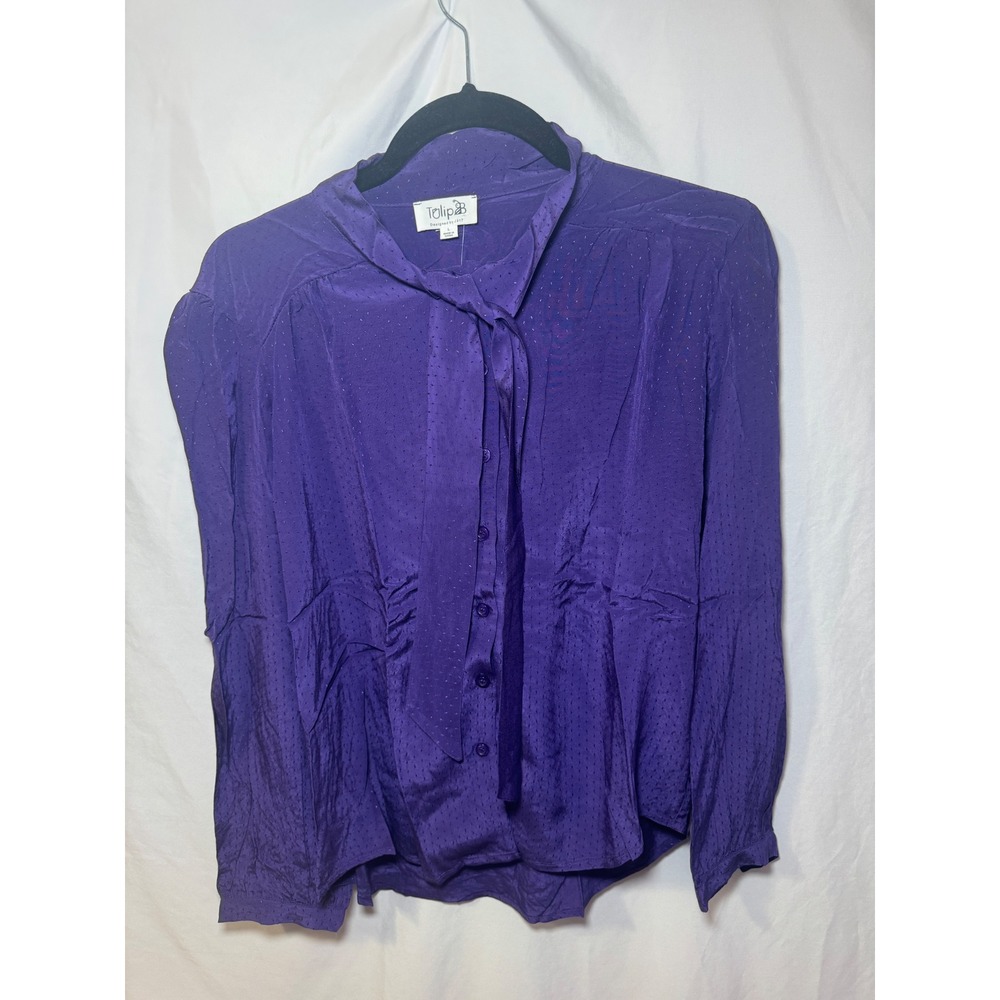 Purple Tie Neck Blouse L Romantic Coquette Grandmillennial Swiss Dot Tulip B NWT